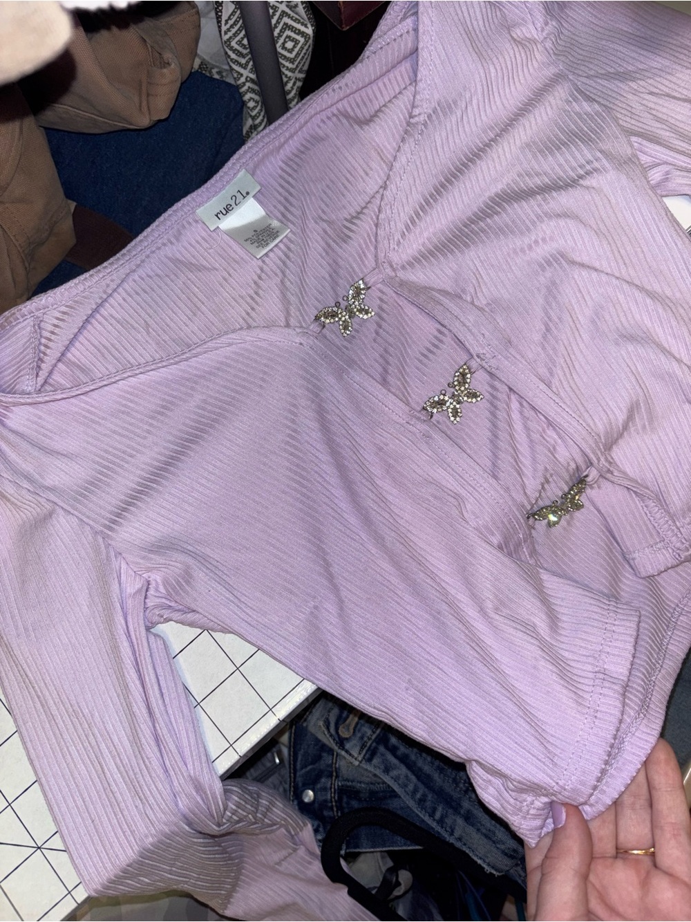 Rue21 Lavender Ribbed V-Neck Top with Jeweled Butterfly Accents
